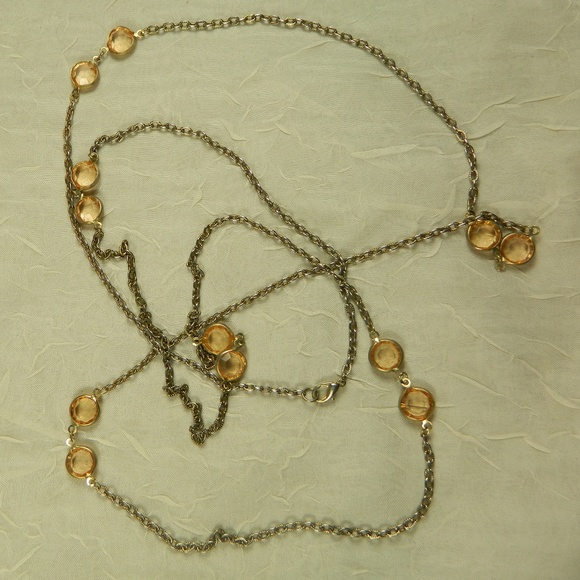 Necklace 60" gold tone chain champagne crystal - Picture 2 of 3